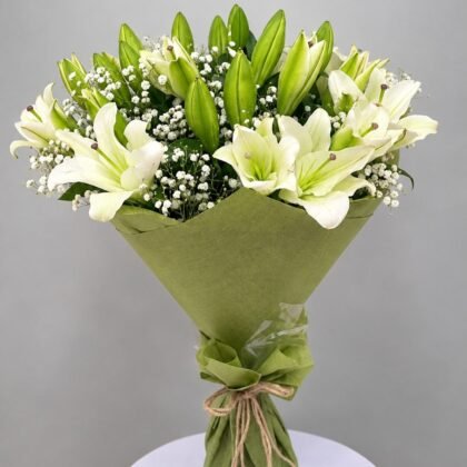 White Lily & Gypsophila Hand-Tied Bouquet