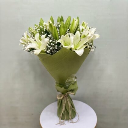 White Lily & Gypsophila Hand-Tied Bouquet