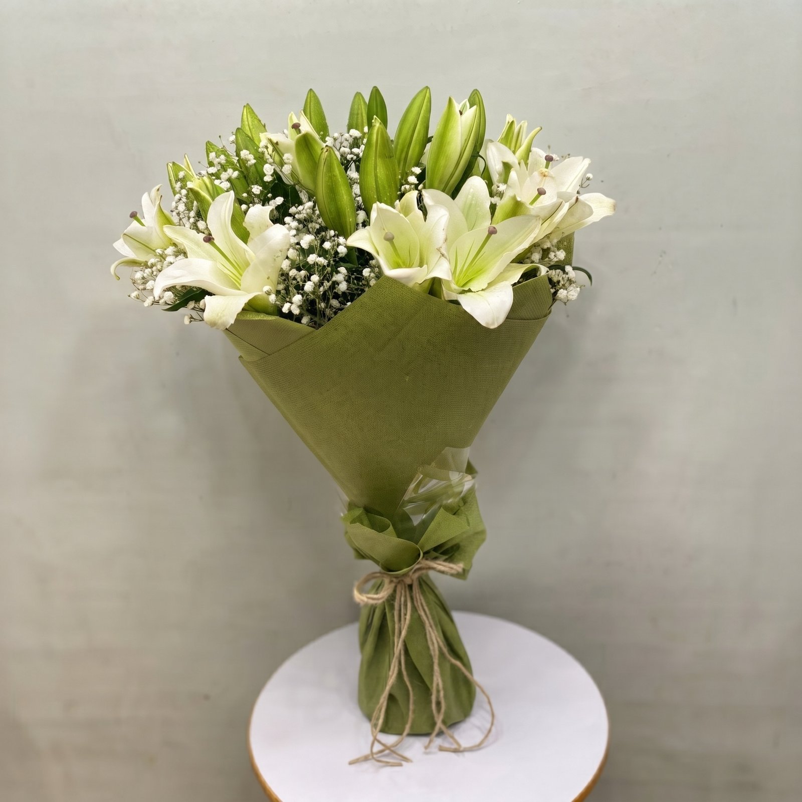 White Lily & Gypsophila Hand-Tied Bouquet - Image 2