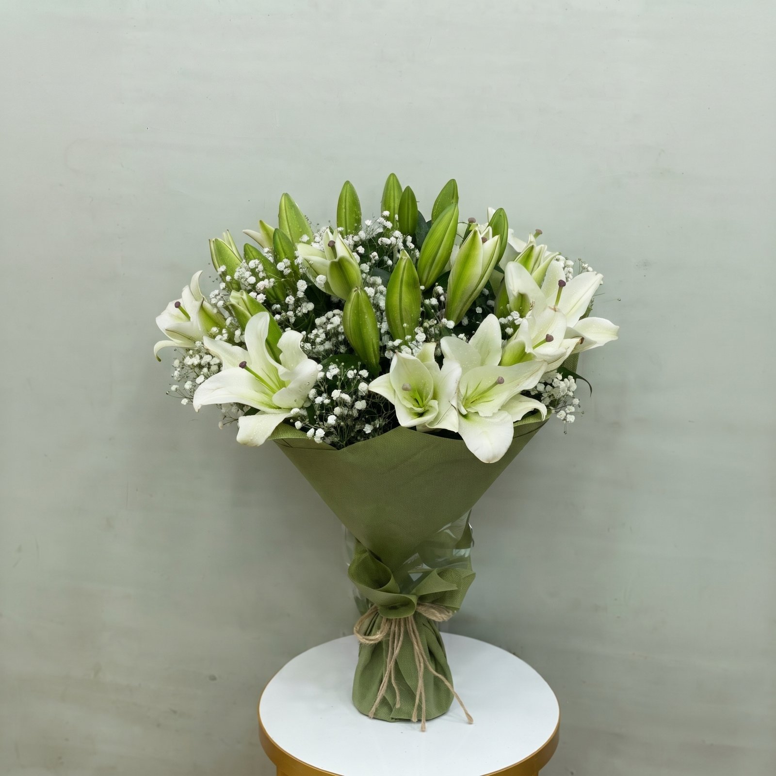 White Lily & Gypsophila Hand-Tied Bouquet - Image 3